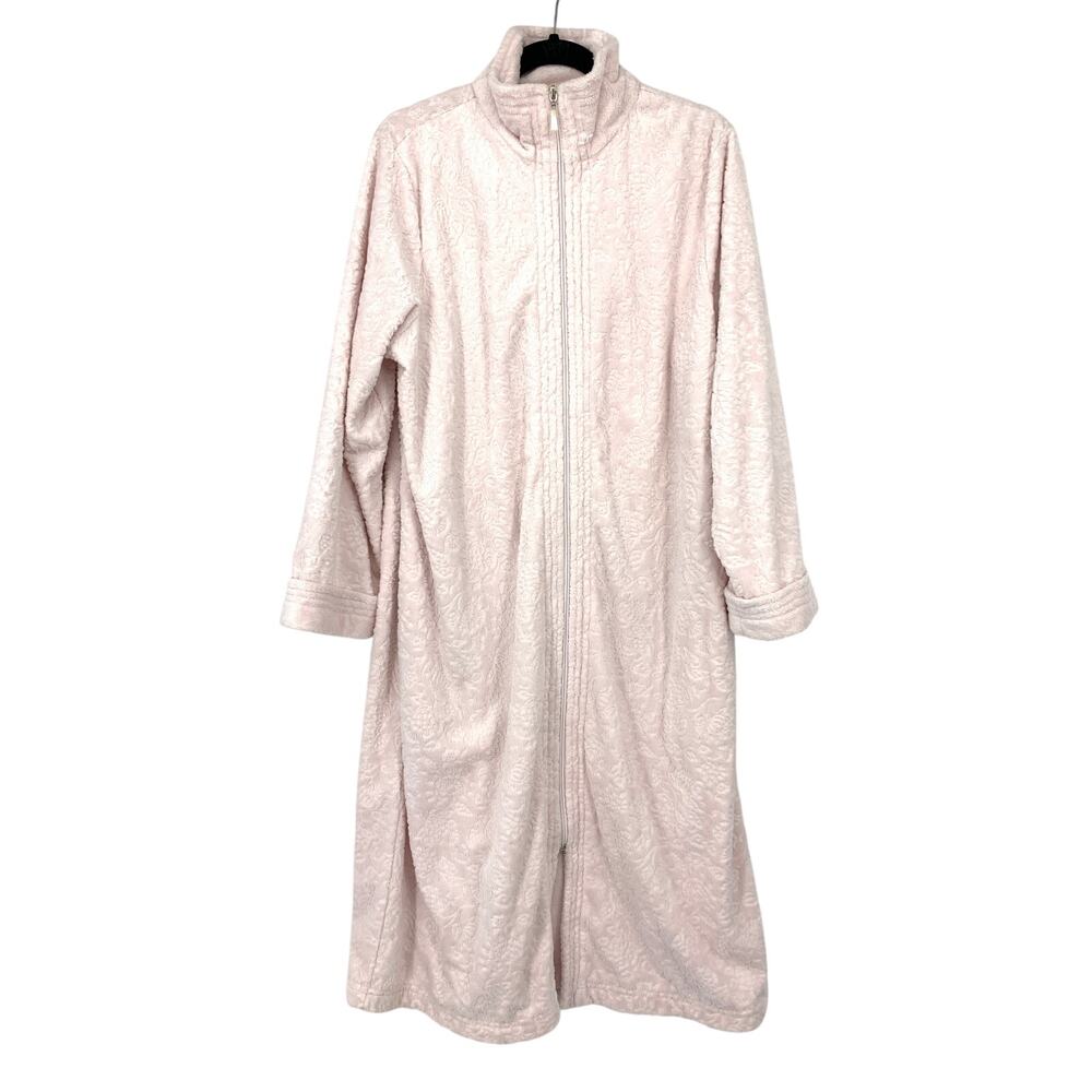 Oscar de la Renta Robe Womens XL Pale Pink Plush Floral Zip Front Long